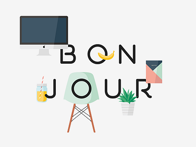 Hello Dribbble ! banana bonjour chair computer design eames first shot icon illustration mason jar orange juice vector