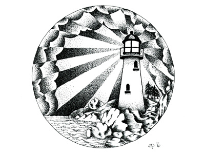 Lighthouse black drawing hand drawn illustration lighhouse light monochrome nature night rays sea stars