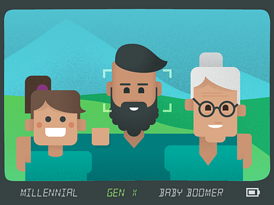 Multi-Generational Audience Targeting Camera Illustration beard cute family generation glasses grain illustration millennial mountain people