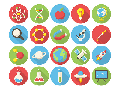 Science Icons atom button dna education flat design long shadows magnet medicine microscope rocket science space