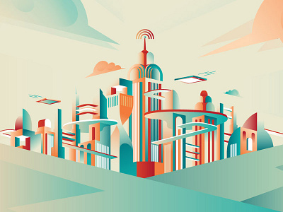 Future Cities art deco city esher future illustrator ipad skyline