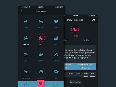 Horoscope Mobile App app apple clean flat horoscope ios list menu minimal simple tiles ui