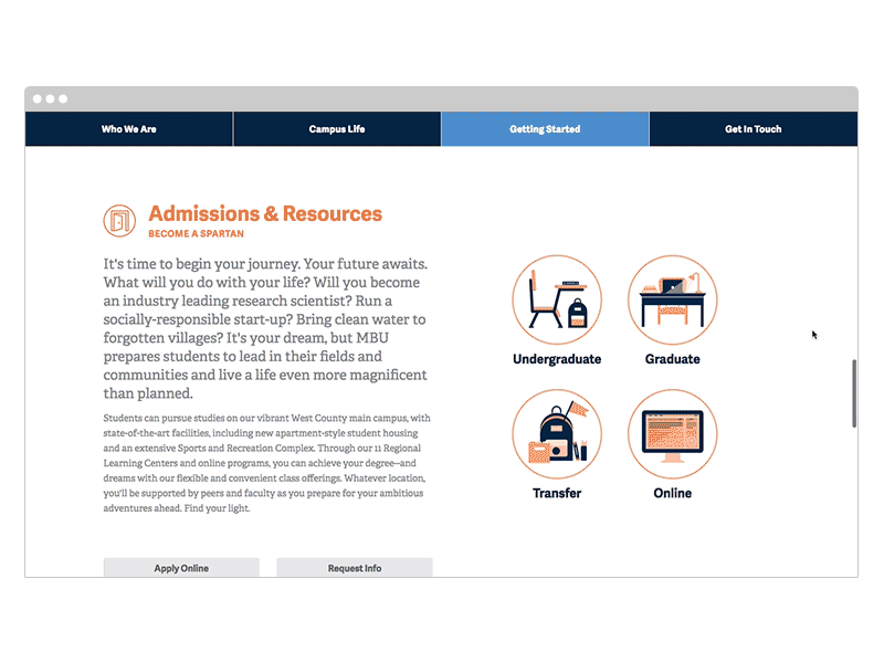 Missouri Baptist Website (Admissions & Resources) illustration interactive layout missouri baptist st louis ui web