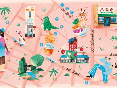 Little Tokyo fun map godzilla illustrated map japan japanese snacks little tokyo map map illustration mochi ping pong san francisco san francisco map spot illustrations store front