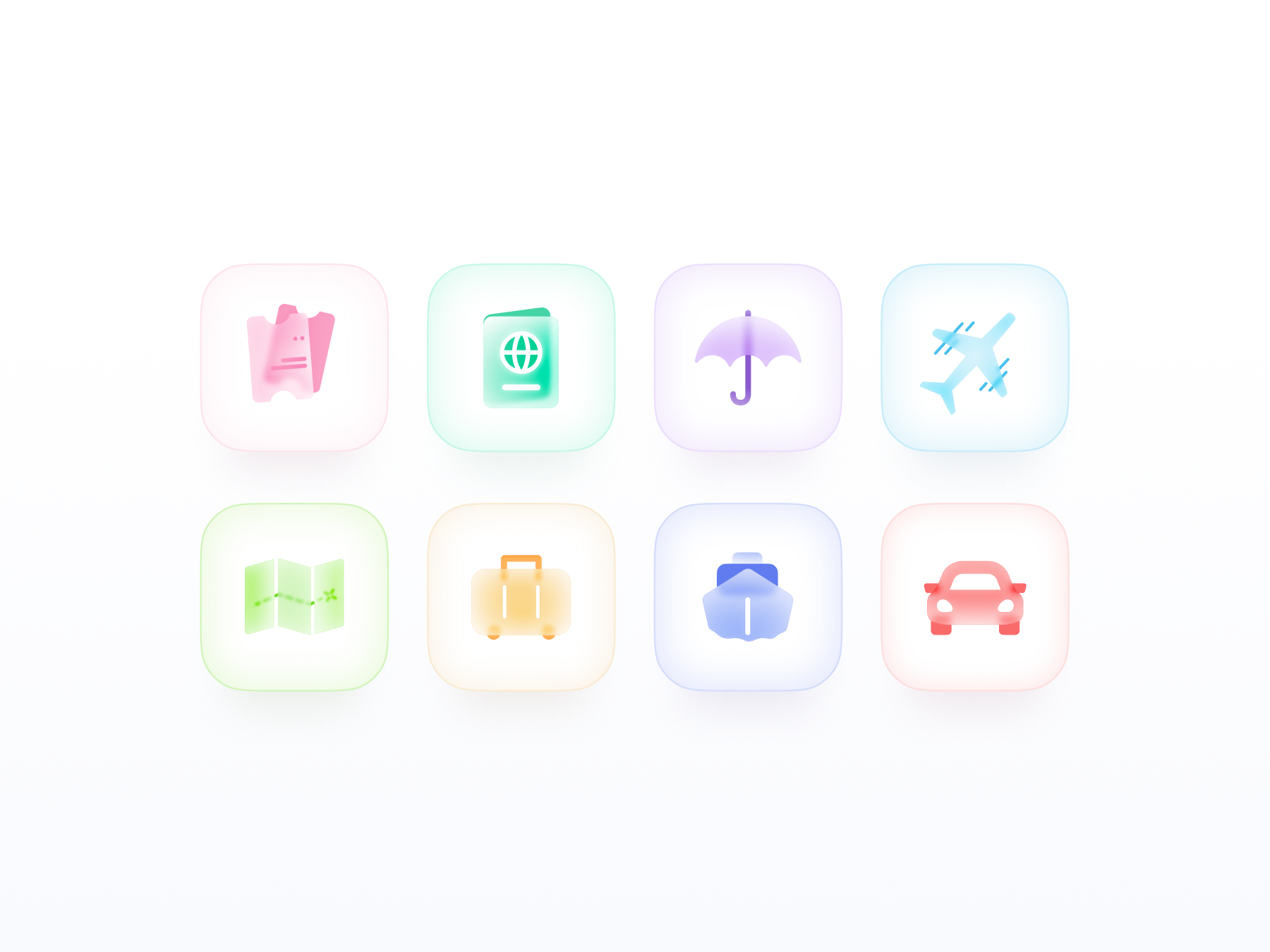 Travel Glass Icon Set concept | Soft & airy design cleanicons design digitalart glass iconography icons iconset illustration minimalism travelicons ui ux
