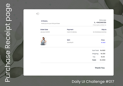 Purchase Receipt Page | UI Design | Daily UI | #017 cleanui dailydesignchallenge dailyui dribbble ecommercedesign figmadesign minimaldesign mobiledesign modernui purchasereceipt receiptui typography uidesign uiux uxdesign webdesign