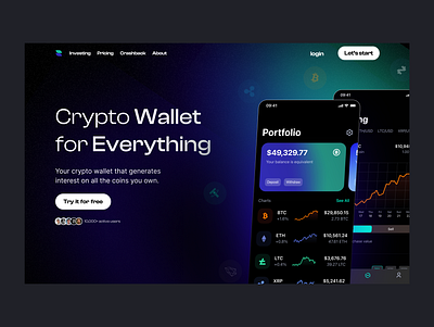 Crypto wallet - Landing Page clean crypto crypto landing page crypto website dark mode hero section landing page design minimalist modern trading ui designer