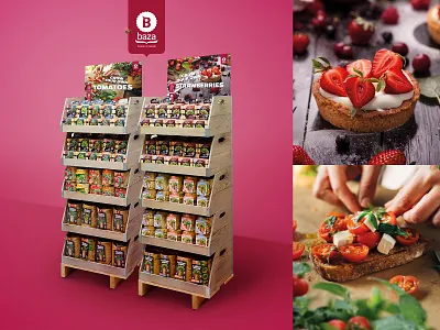 Baza House of Seeds - Grow Your own -Display Key Visual -designs branding concept design graphic design grow your own illustration key visual look and feel mini tomatoes pos strawberries visual