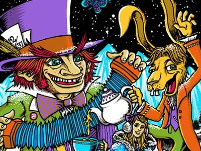 Maddest of Hatters alice in wonderland broomfield gigposter mad hatter march hare screenprint tea party the string cheese incident triptych winter wonderland