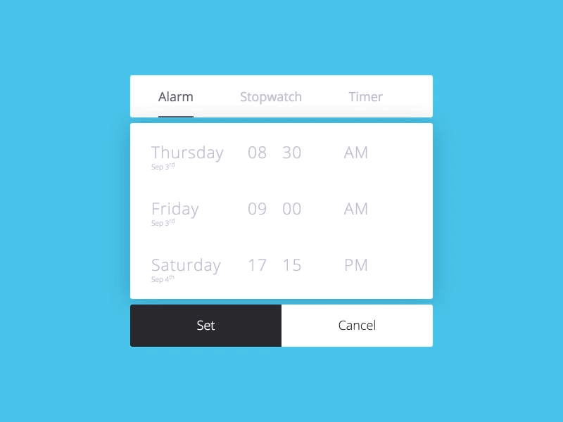 Coded alarm interaction by 100daysui alarm animation challenge code date flat interaction picker stopwatch ui