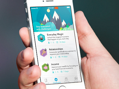 Challenges Screen awards badges colorful flat gamification ios mountains tab