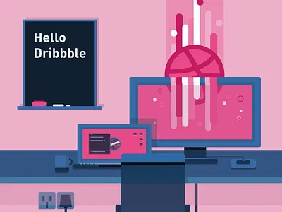 Hello Dribbble! board debut desktop dribbble laptop mug power plug working space