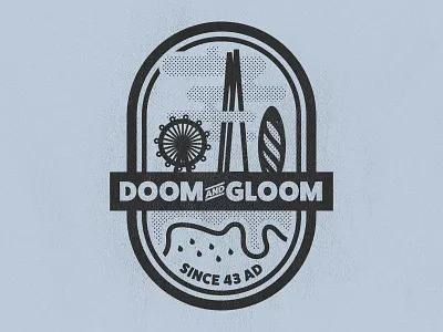 Doom and Gloom badge london london eye rain raindrops river thames smoke the gherkin the shard