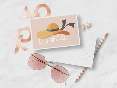 Bon Voyage Postcard Mockup gold heart illustration lettering love pencil rose rose gold sunglasses travel valentine valentines