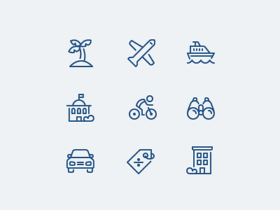 Travel Icon Suite bike cruise fly hotel iconography icons line set travel vacation