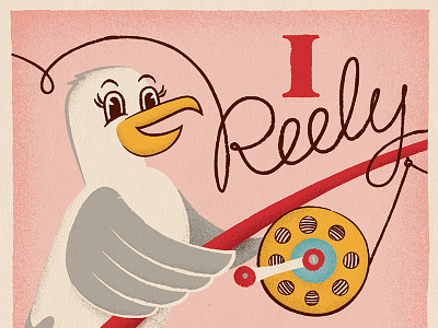 I Reely Love You costa fishing illustration lettering reel seagull valentine work done at mcgarrah jessee