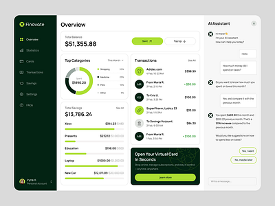 Financial Dashboard Concept with AI Assistance ai ai assistance ai chat bot banner dashboard design finance fintech savings transactions ui