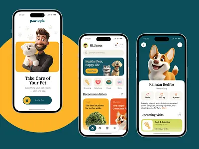 Pawtopia — Pet App 3d app branding clean corgi design dog graphic graphic design grooming illustration logo midjourney minimalism onboarding pets spline ui uiux veterinary