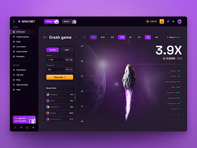 Spacybet - Crash Game 3d illustrations 3d renders betting website casino game casino inner page clvr crash game crypto currency dark interface dashboard design gambling igaming purple color space theme uiux