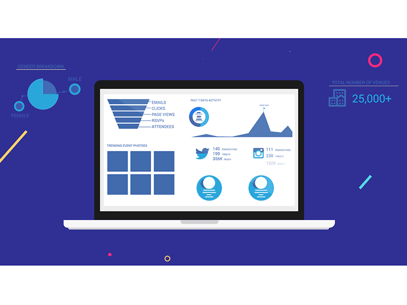 Website demo animation explainer flat graphs illustration laptop states stats