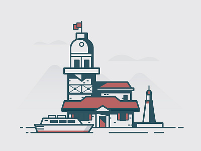 Maiden's Tower boat clouds house icon illustration mountains ocean turkey vector