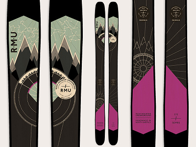 Vahalla 2017 backcountry black celestial constellations dark geometric mountains ski graphics skis snow sundial winter
