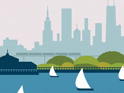 Chicago aquarium lake sailboat skyline train