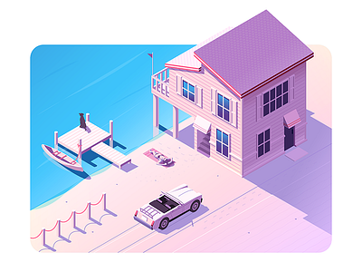 Beach House building car design illustration isometric shadows summer vector water