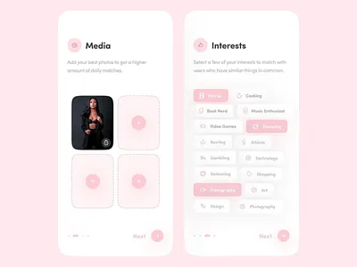 Minimal Dating App UI clean layout dating app elegant interface interactive design interest selection intuitive ux minimal ui mobile design modern aesthetic onboarding flow profile setup rounded ui simple navigation smooth experience soft colors ui design user friendly ux design ux ui