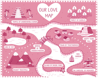 Journey of Love: A Whimsical Relationship Map adventure map book illustration cartoon map fantasy map illustrated map illustration love illustration map map of us pink pink illustration relationship story book illustration valentine card valentines day valentines day illustration valentine print vector map wedding wedding map