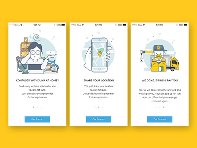 Rummage app design flat design ios junk layout line design minimalist mobile onboarding rummage uiux