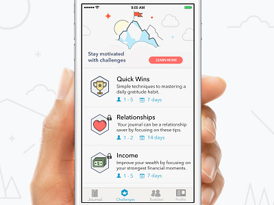 A lighter version of the Challenges screen awards badges colorful flat gamification ios line mountains tab