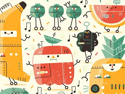 Fruitbots party 1 andrew kolb fruitbots illustration kolbisneat light grey art lab robos robot