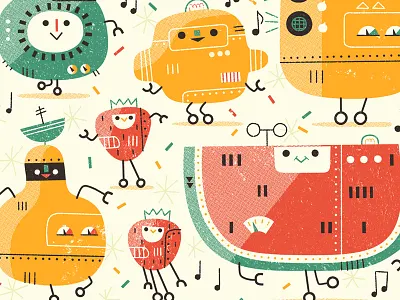 Fruitbots party 2 andrew kolb fruitbots illustration kolbisneat light grey art lab robos robot