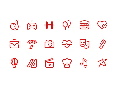Verb icons beauty culture food gym hobby love music travel unicorn