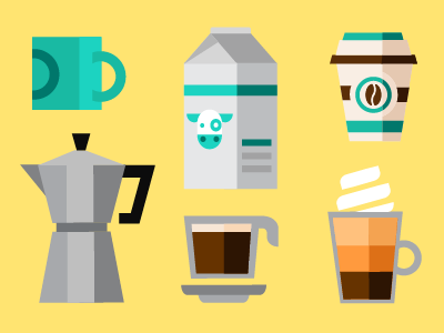 Breakfast icons bread coffee expresso jar milk mocca mug