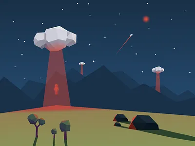 strange clouds abduction aliens clouds low poly mountains night orange organic rocks spaceship trees ufo