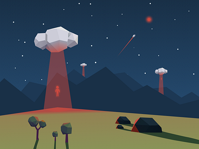 strange clouds abduction aliens clouds low poly mountains night orange organic rocks spaceship trees ufo