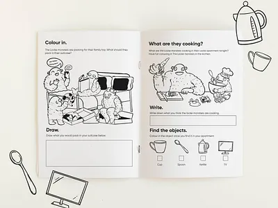 Locke Hotels Illustrated kids activity sheet activitybook character characterdesign hospitality illustration lineart monster