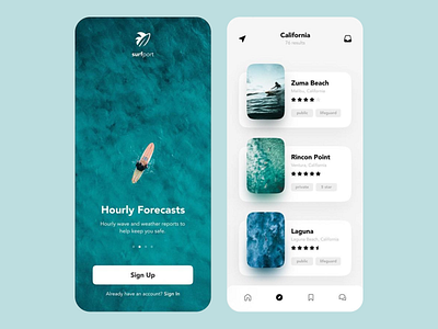 Surf Forecast & surfport UI adventure app app inspiration beach finder card design clean design forecast app intuitive ux location finder minimal ui mobile experience mobile ui modern app ocean waves onboarding screen surfing app travel app ui design ui ux ux design water sports