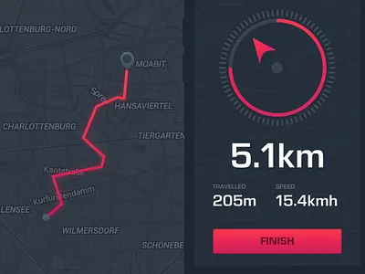 Hint Navigation App circular compass dark map navigation odemeter path progress radial route spedometer