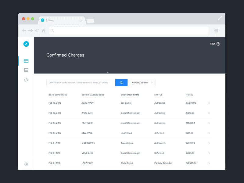 Affirm Merchant Portal animation dashboard portal ui ux web design