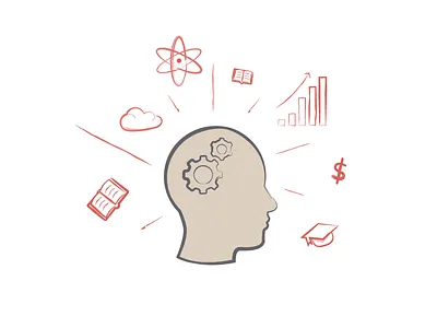 Knowledge and Power atom book chart gear graphic head illustrator orange red