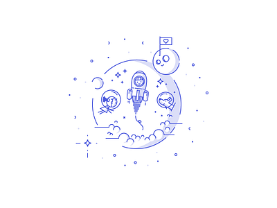 Journey to the Moon boy dog girl icon illustration lines monochrome moon rocket space story