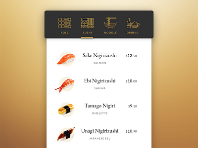 Daily UI challenge #043 — Food/Drink Menu app card challenge daily dailyui drink food menu sushi ui