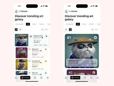 Leader Board App / NFT Marketplace app design art galary competition design design system figma interactiondesign leader board nft nft app nft marketplace performance metrics performance tracking real time rankings token trending ui user experience