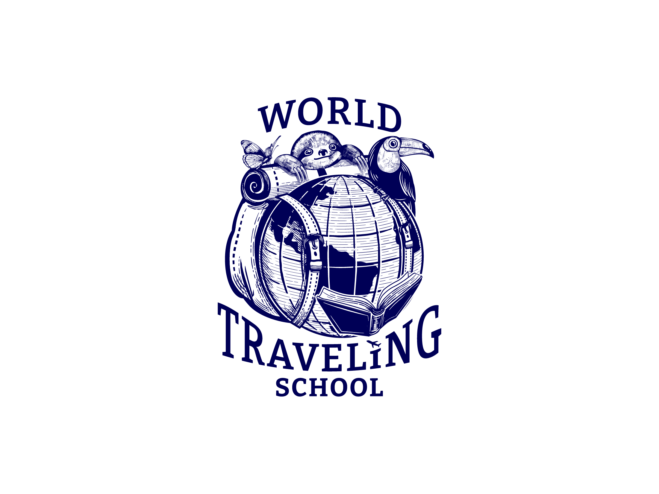 World Traveling School Logo art backpack branding design digital nomads drawing education globe illustration kids logo logo badge logo design logo designer old world school travel vintage wintrygrey wintrygrey design