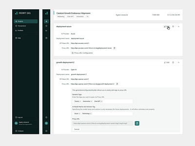 UI Elements for web app Prompt Sail AI Proxy app dashboard ui