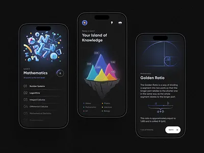 Microlearning Mobile App app dark floating gamification island knowledge learn lesson lessons level math microlearning mobile school self development self improvement study subject ui