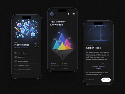 Microlearning Mobile App app dark floating gamification island knowledge learn lesson lessons level math microlearning mobile school self development self improvement study subject ui
